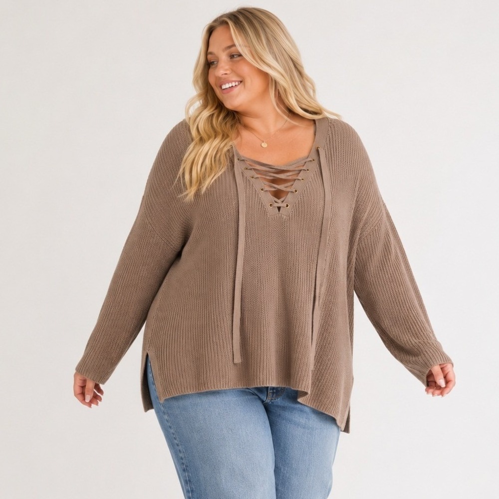 Guess Los Angeles Lace Up Knit Sweater Taupe XL Boho Coastal Western‎ Oversized